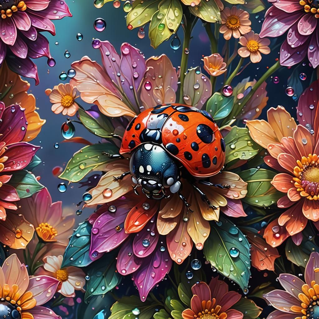 Giant Cartoon Ladybug on Flower, Vibrant Oil Painting