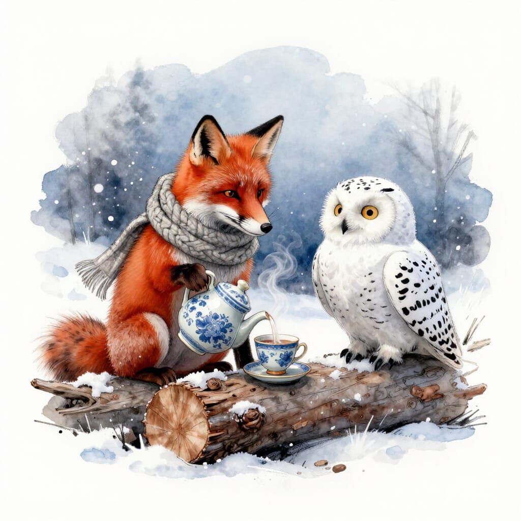 Cozy Fox and Owl Sharing Tea in Snowy Twilight
