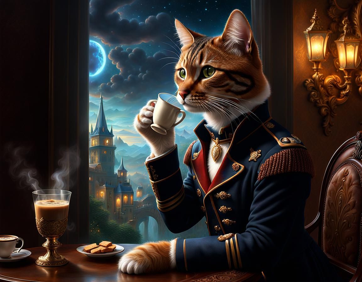 Cat Sipping Coffee: A Maximalist Digital Painting