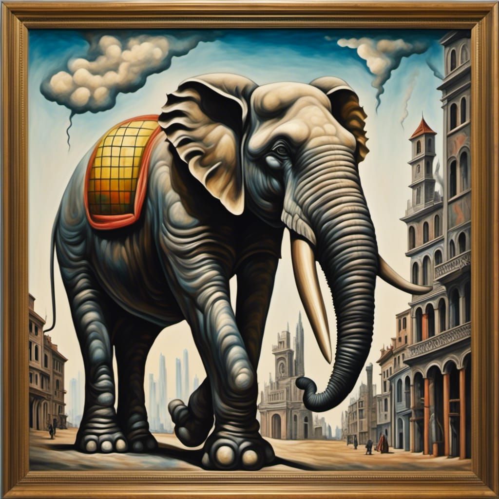 Dreamlike Elephant in a Cityscape, Magic Realism