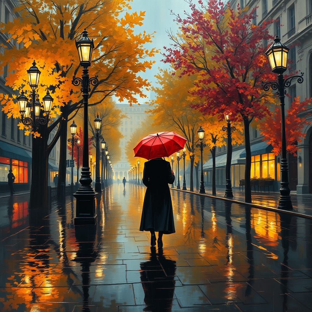 Rainy City Square in Impasto Style