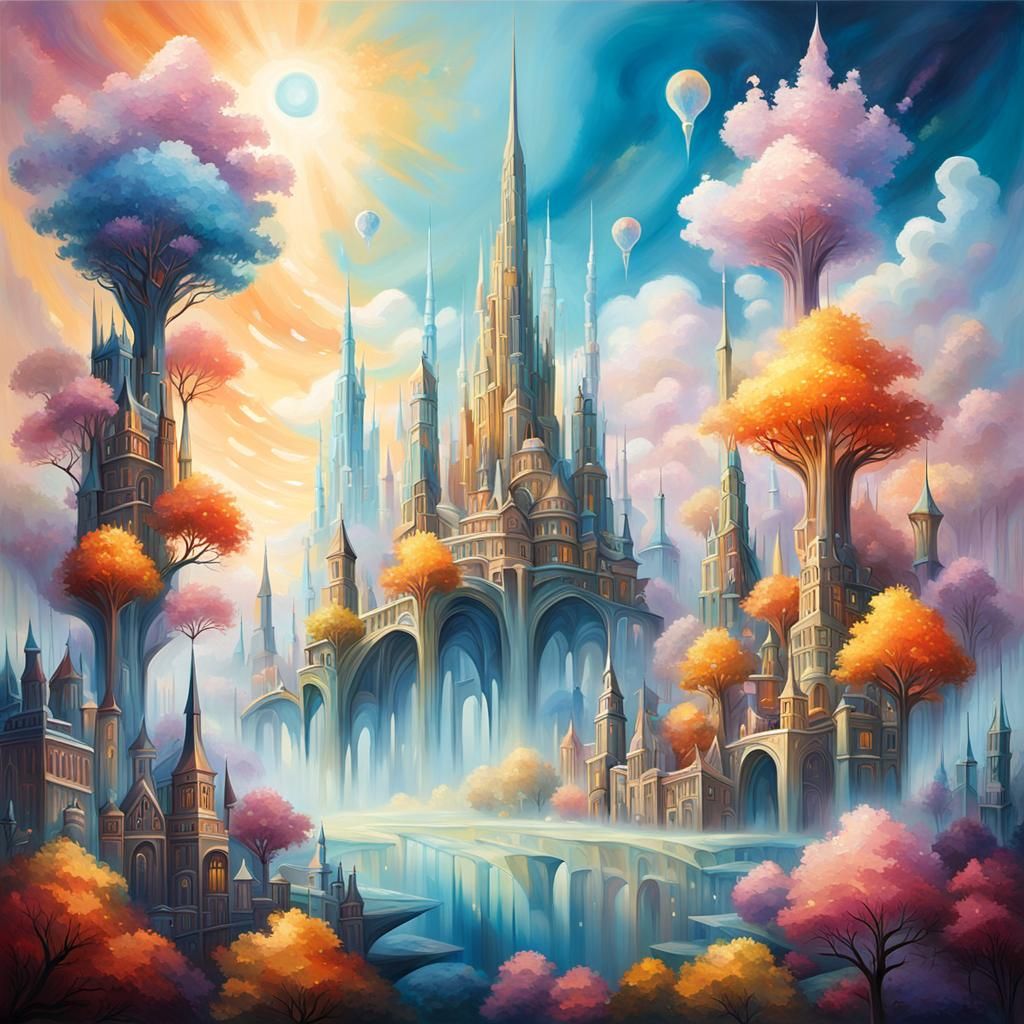 Futuristic City with Crystal Spires in Surreal Oil Painting