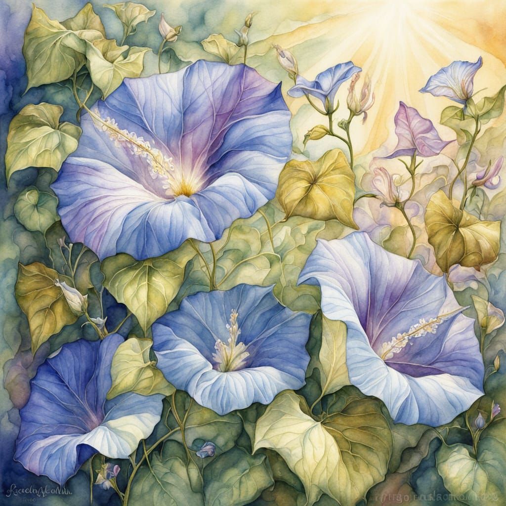 Whimsical Morning Glories in Watercolor Style