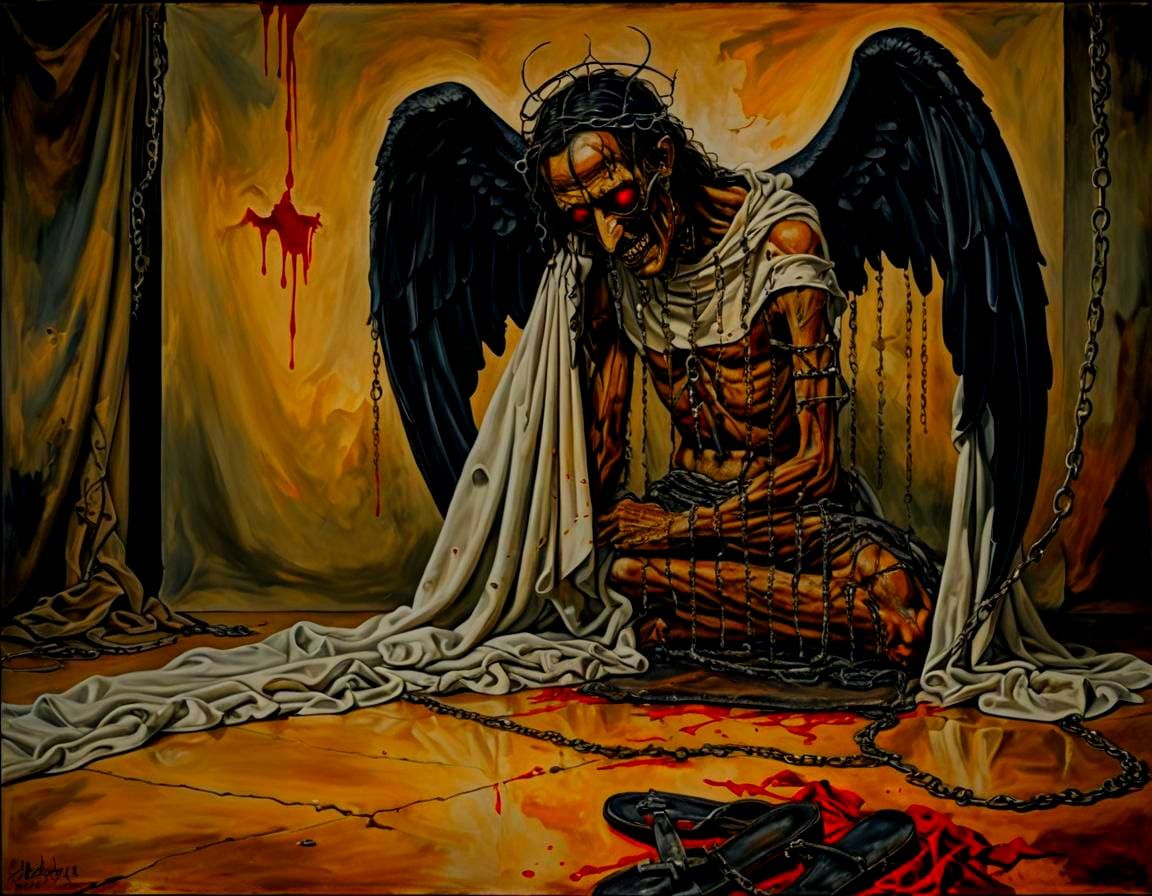 Grotesque Fallen Angel in Surrealist Style