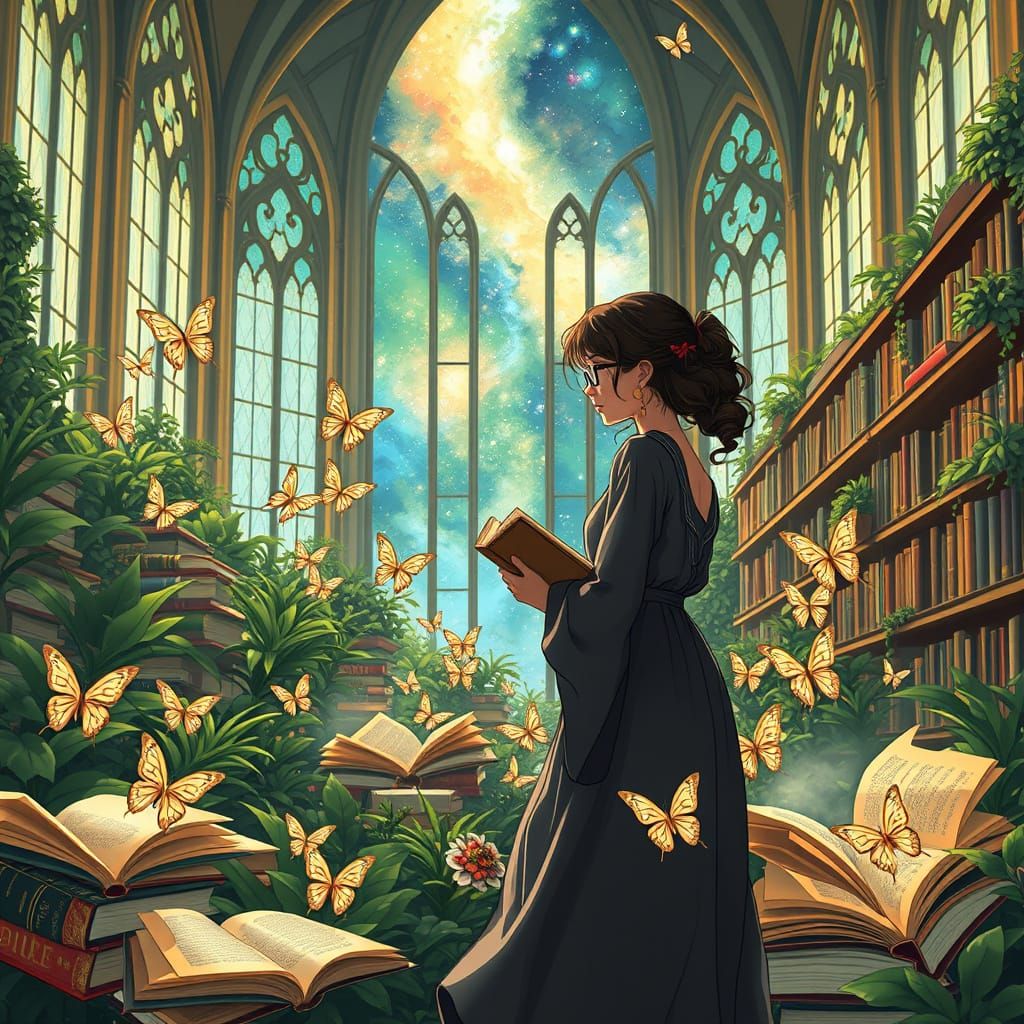 Librarian's Art Nouveau Garden of Floating Books