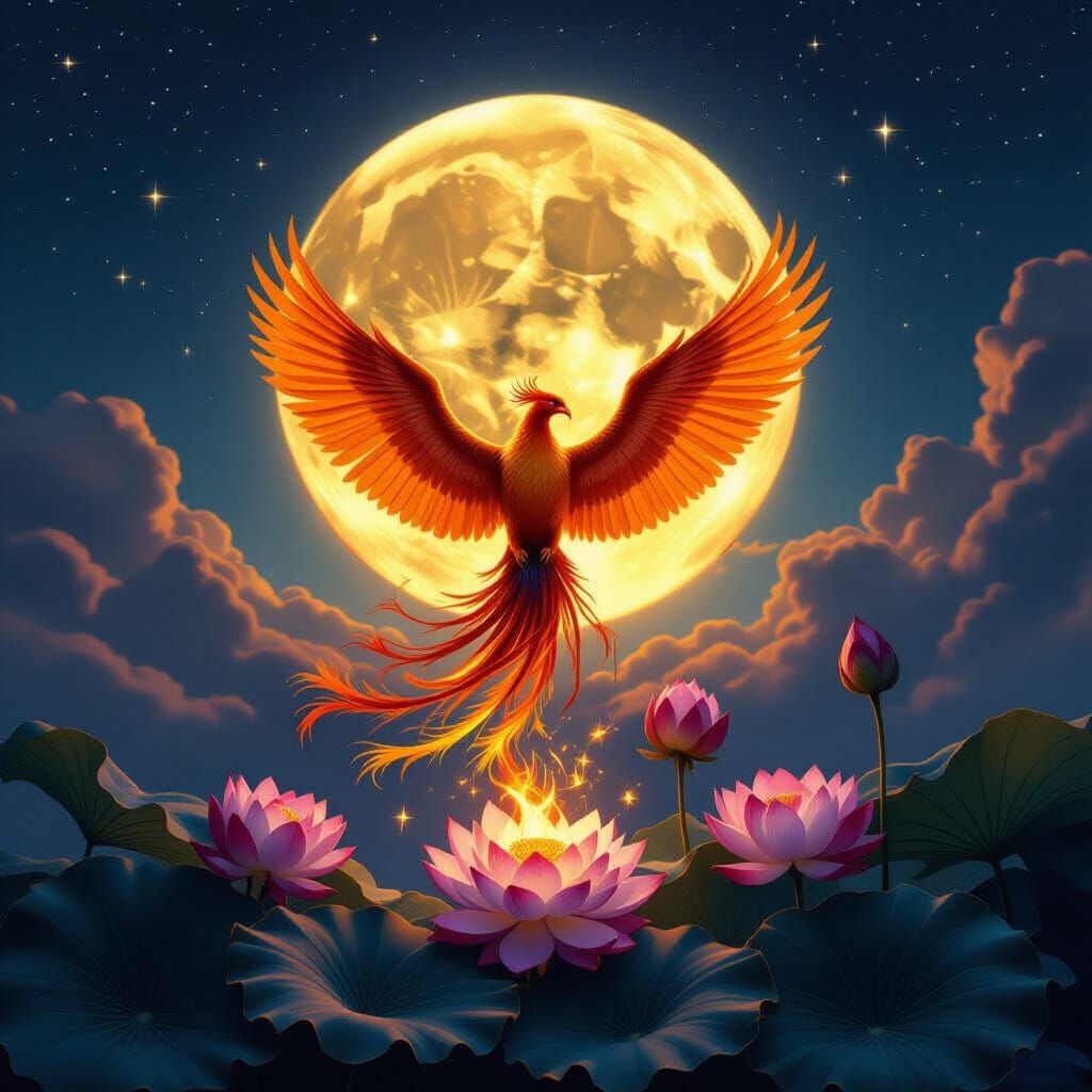 Phoenix Rises Between Sun and Moon, Digital Artwork