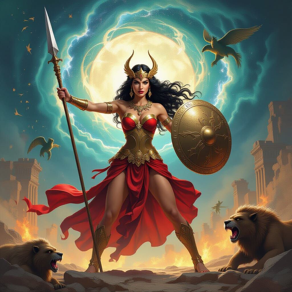 Mythic Goddess Wields Spear Amid Cosmic Energy