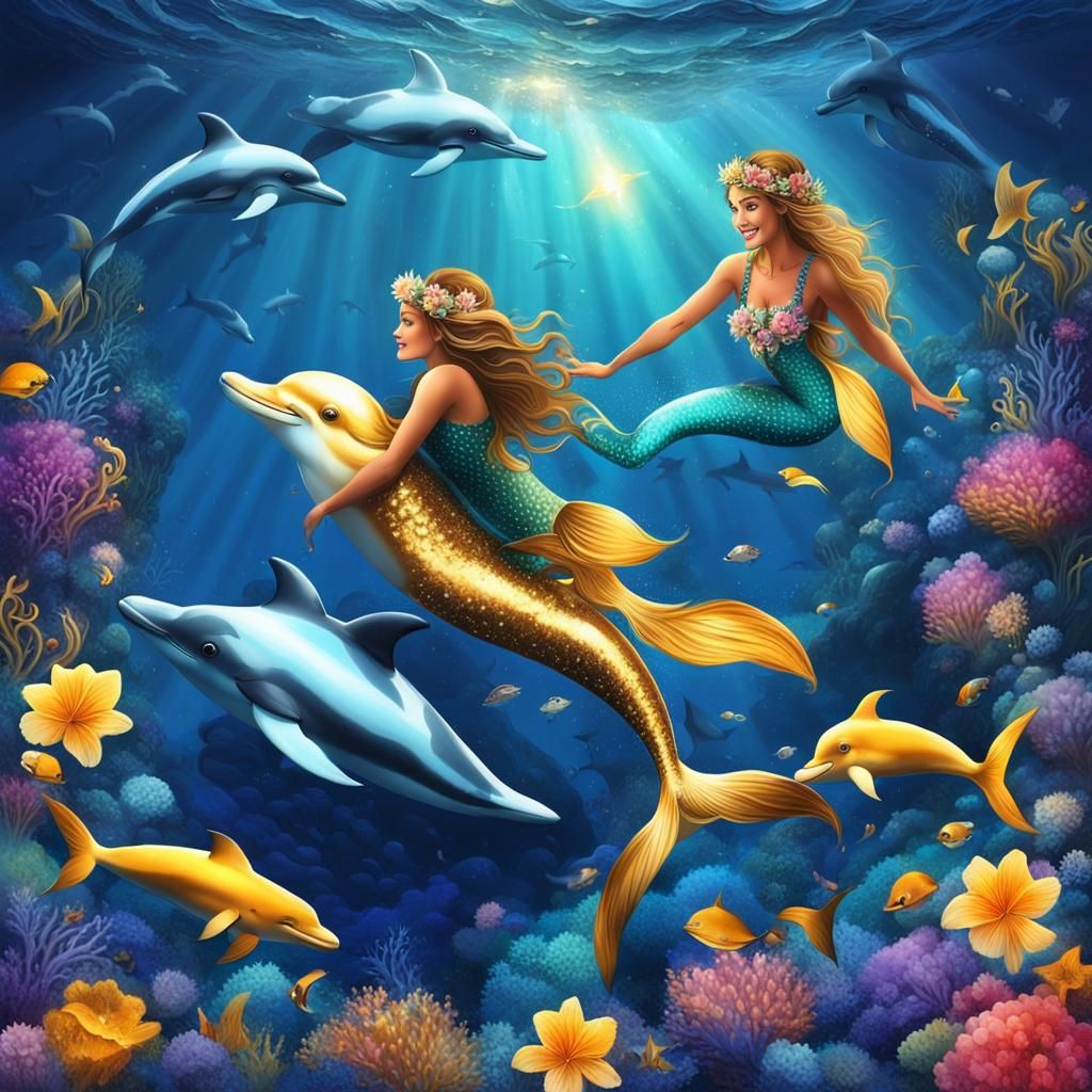 Enchanting Mermaid with Dolphins in Deep-Sea Fantasy