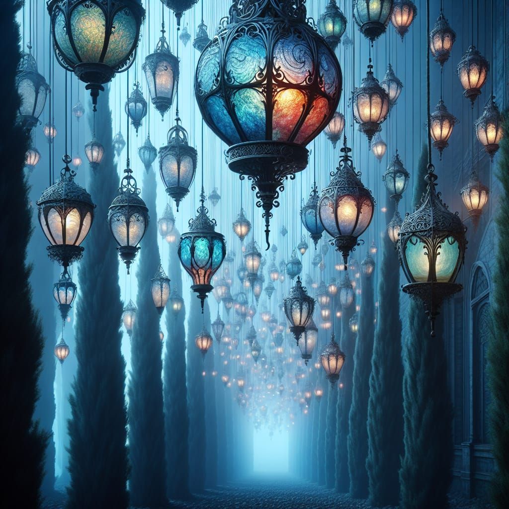 Misty Cypress Alley with Stained Glass Lanterns