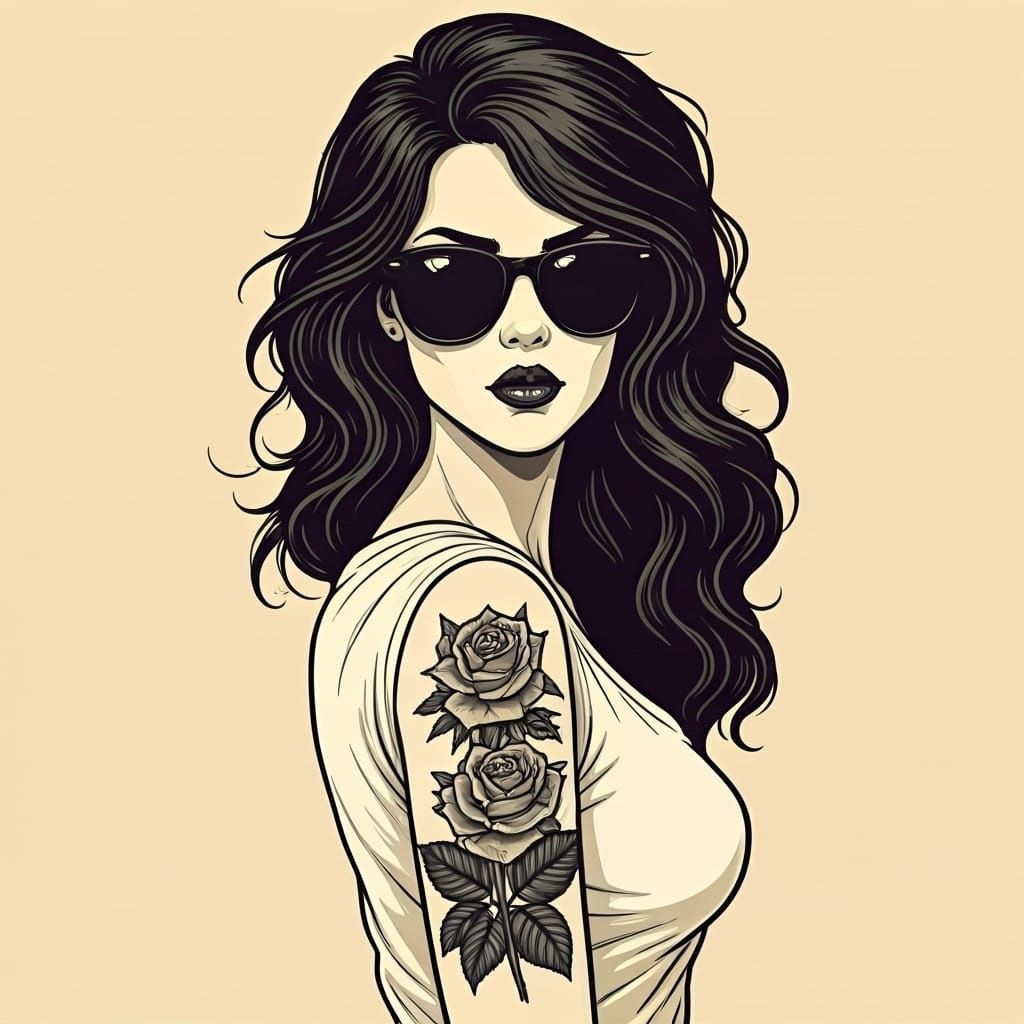 Retro Ink Drawing of a Rocker with Rose Tattoo