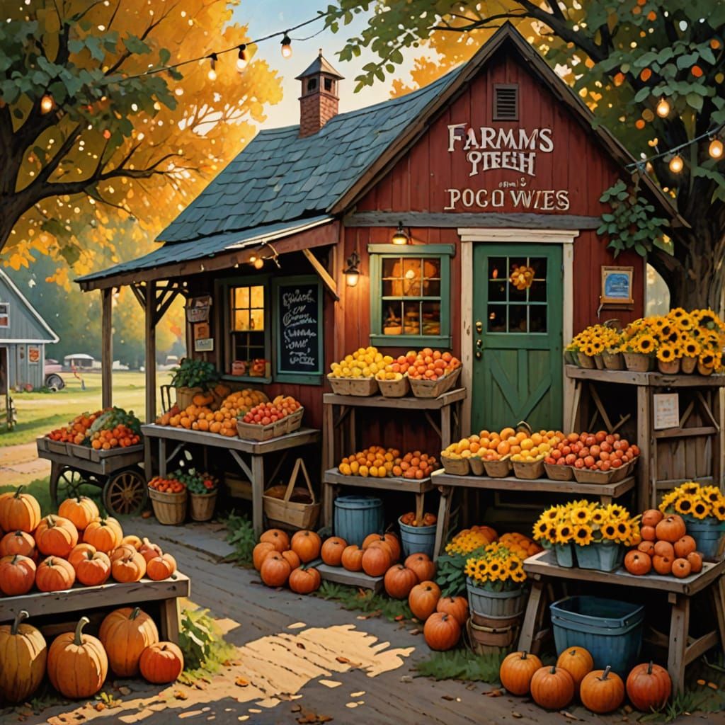 Rustic Farmstand Scene at Dusk as Oil Painting