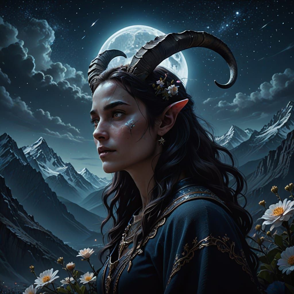 Regal Woman with Goat Horns in Dark Fantasy Art