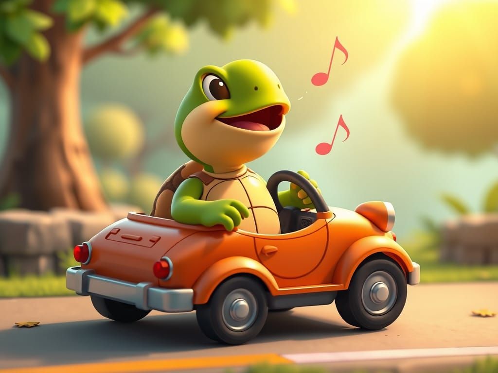 Cartoon Turtle Singing While Driving Car