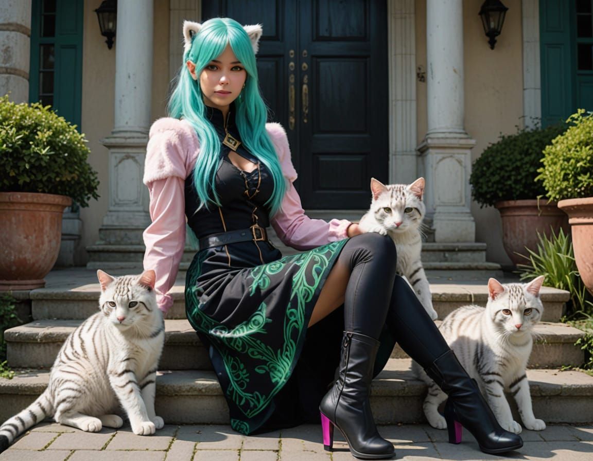 Girl in Furry Costume with Kittens in Mansion