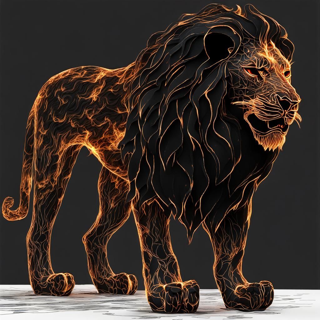 Fiery Lion Flame Sculpture on Black Background