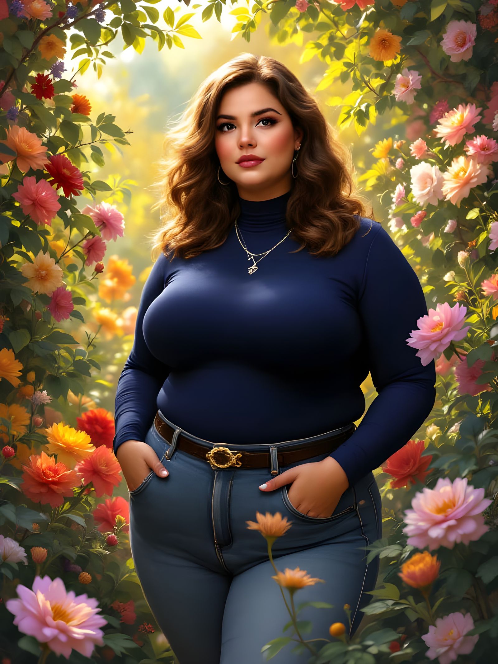 Woman Posed in Lush Garden with Soft Romantic Glow