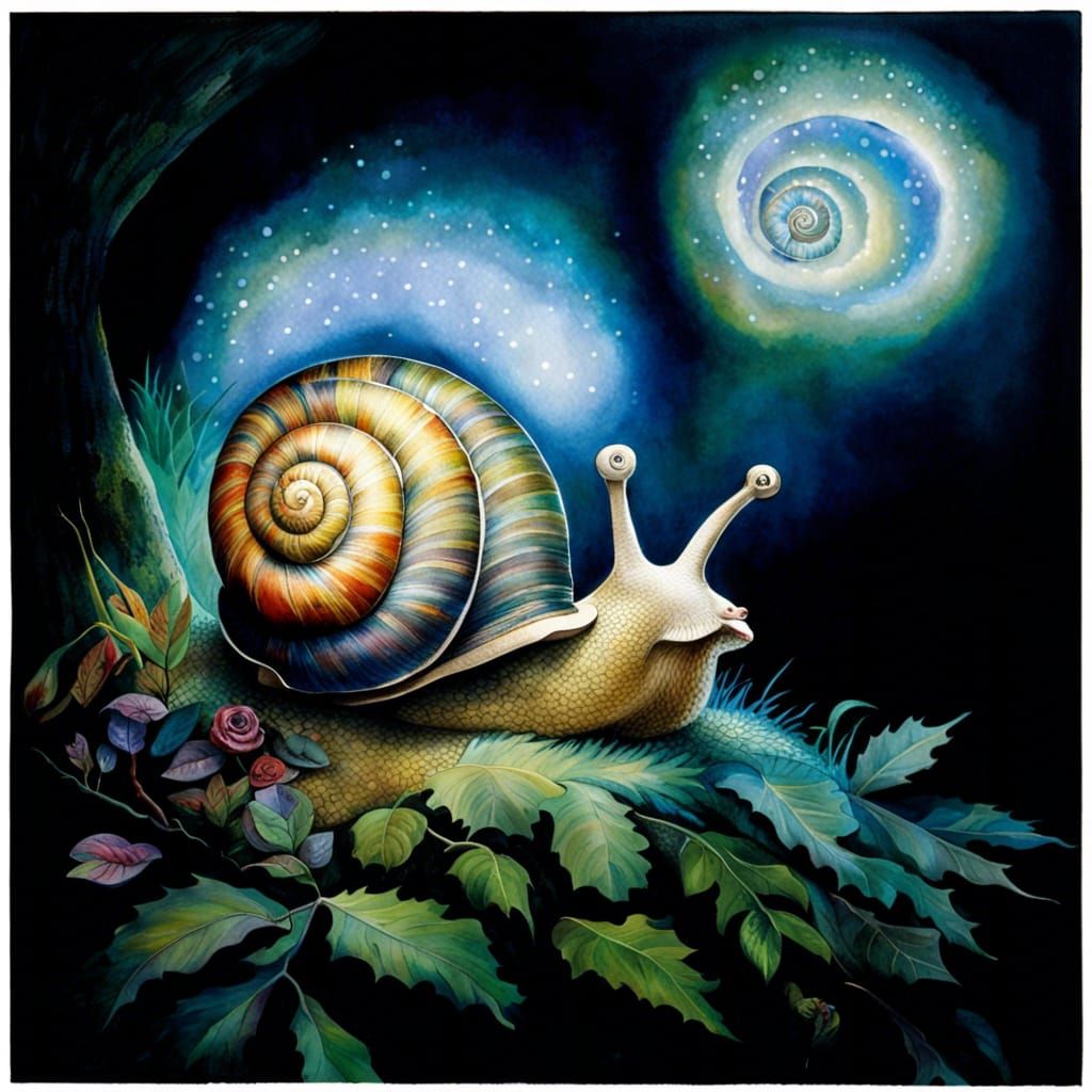 Enchanted Snail in Moonlit Woods: Watercolor Illustration