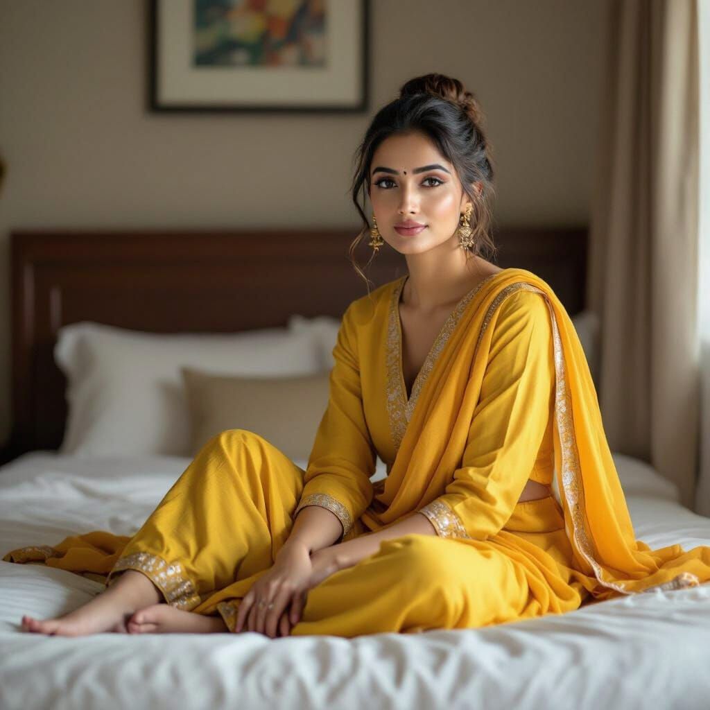 Indian Woman in Yellow Salwar Kameez Poses on Bed