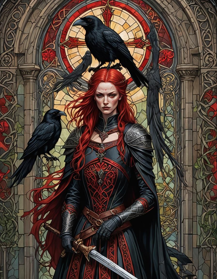 Celtic Goddess with Ravens in Stained Glass Style