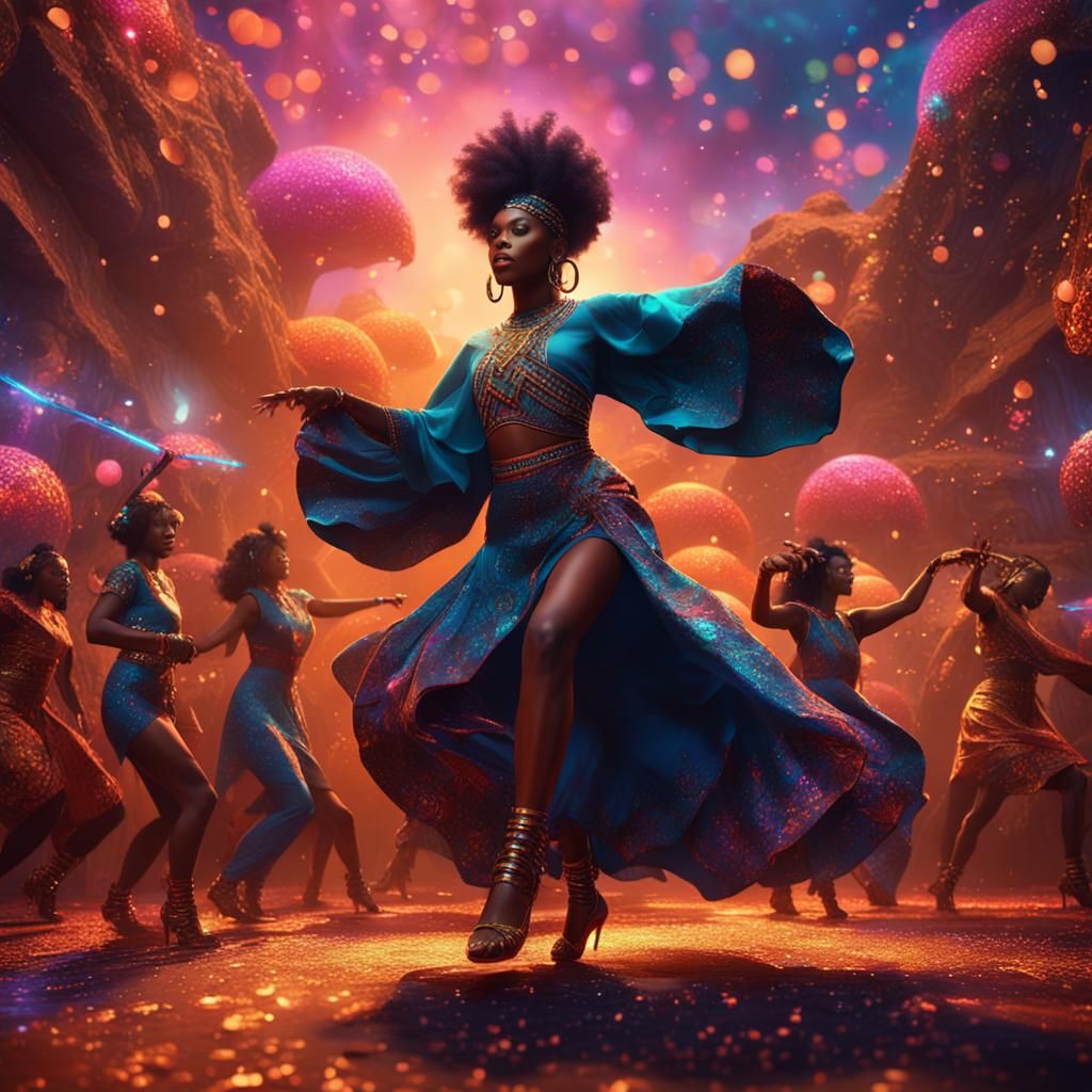 Ebony Woman Dance Party: Detailed Fantasy Art