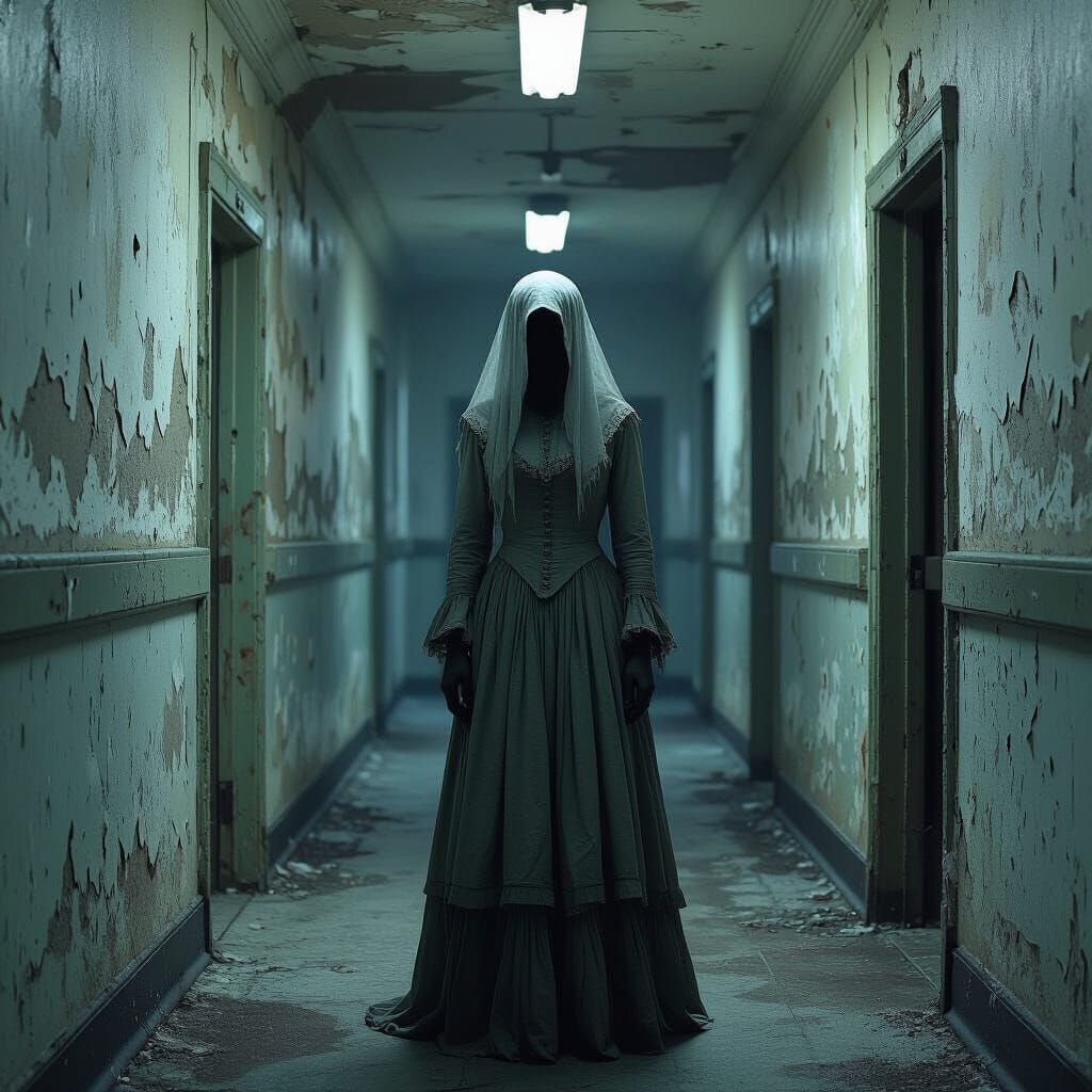 Ghostly Woman in Dilapidated Asylum: Dark Aesthetic