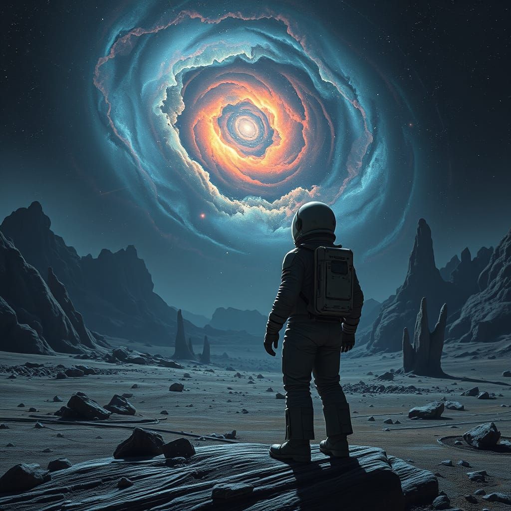 Astronaut Gazes at Nebula on Alien Planet