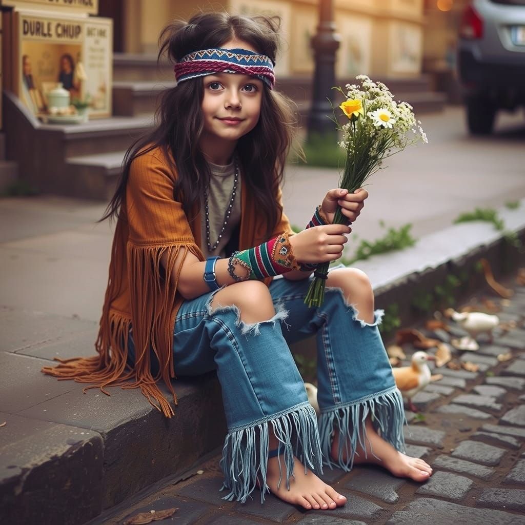 Whimsical Boy Sells Flowers in Vintage Market