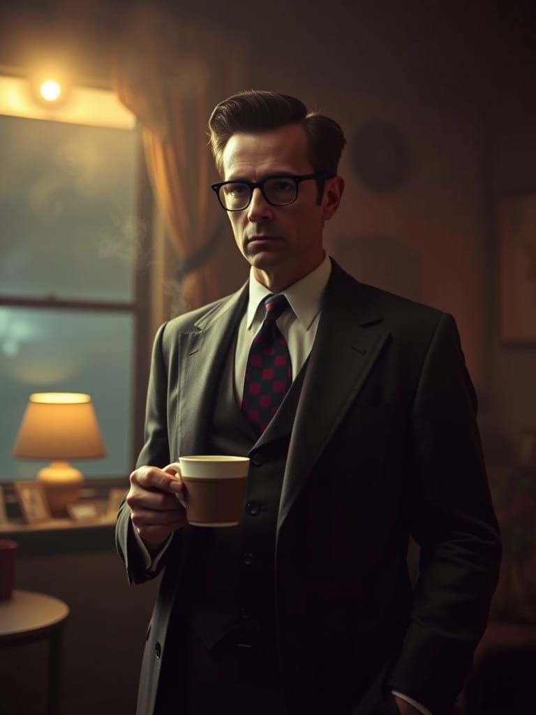 Surrealist Film Noir Portrait of a Man in a Smoky 1950s Room