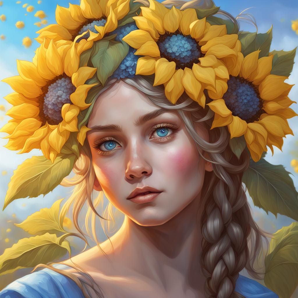 Ukrainian Teen with Sunflowers and Hydrangeas