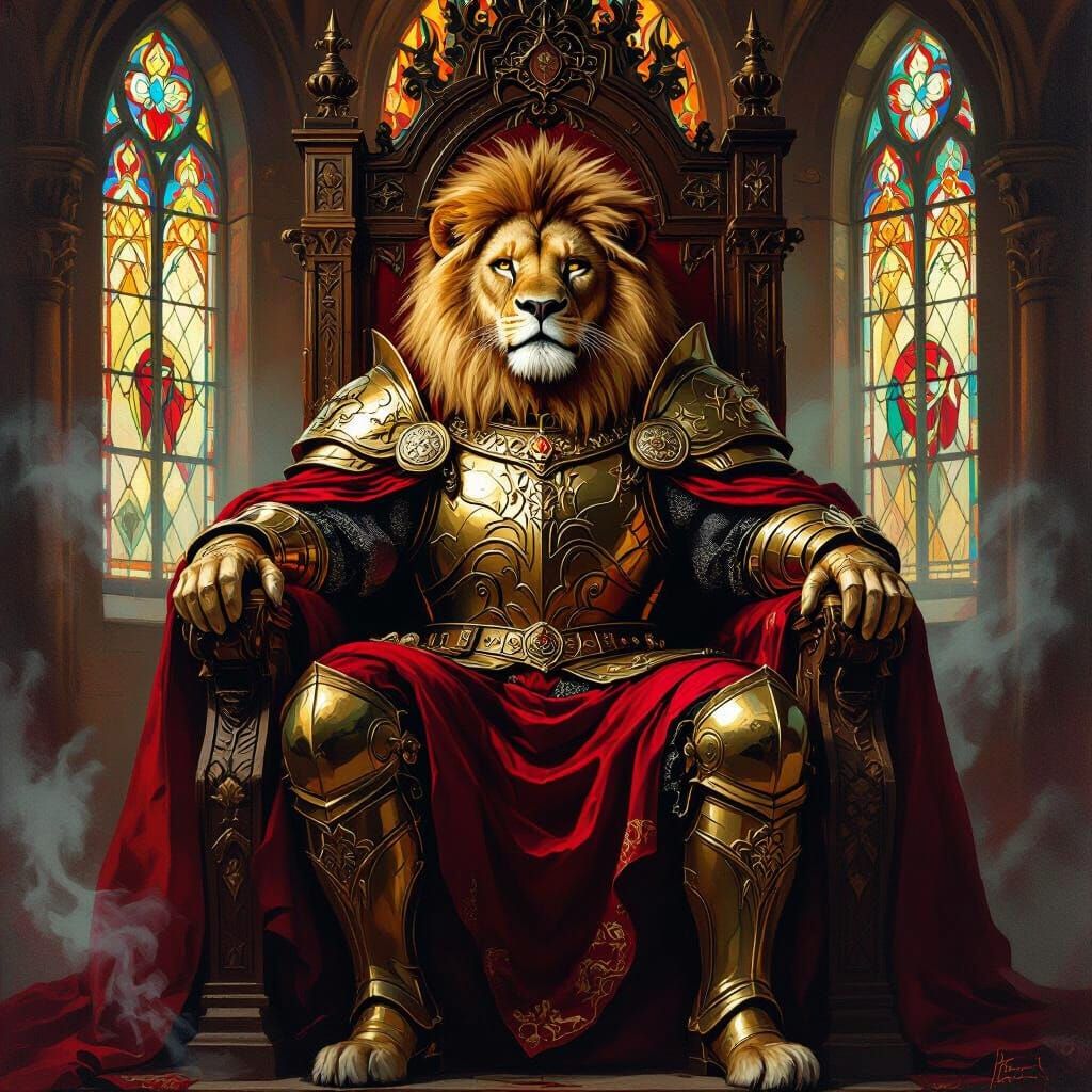 Lion King on Gothic Throne, Vintage Oil Painting