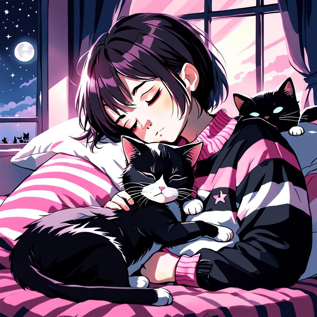Cute Emo Woman and Sleeping Kitten in Vibrant Moonlit Scene