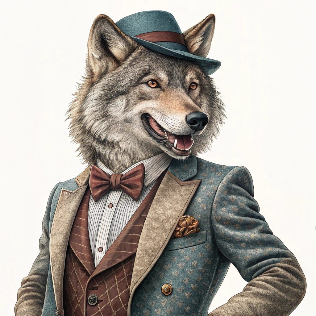 Wolf Dressed as Man in Sharp Suit, Oil Painting