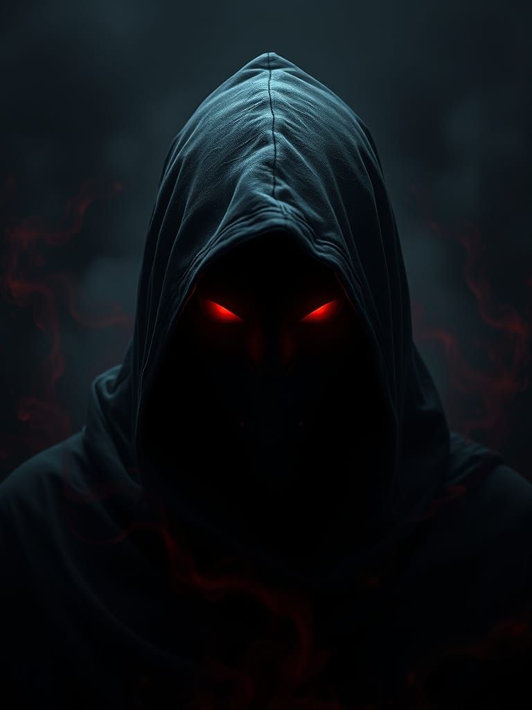 Mysterious Dark Figure with Glowing Red Eyes