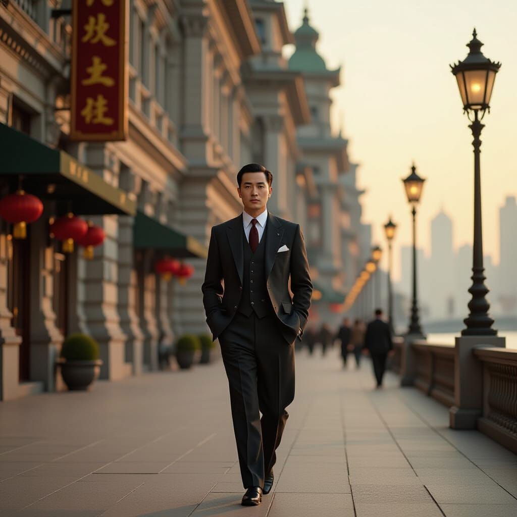 Distinguished Gentleman in 1930s Shanghai Street Scene