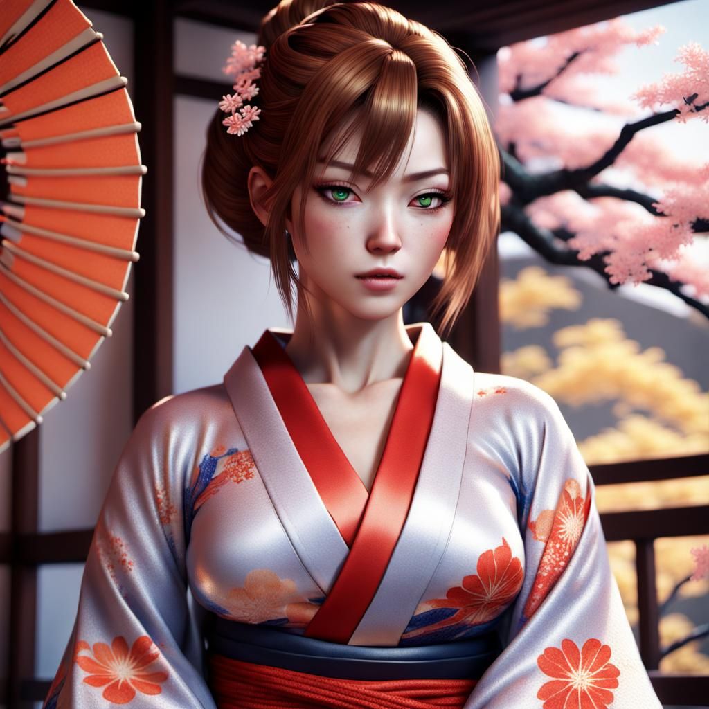 Kasumi Kimono Portrait in Pointillism Ink Style