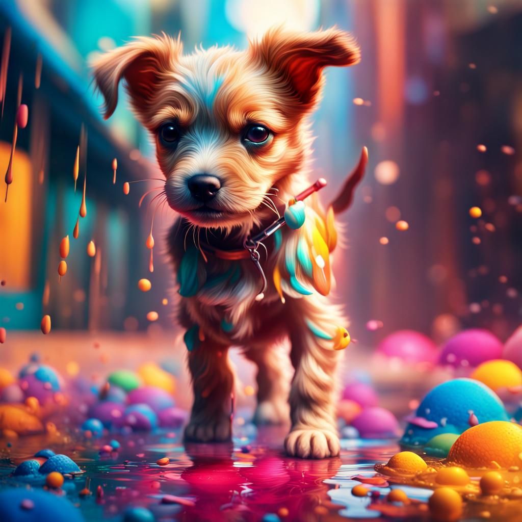 Hyperrealistic Puppy in a Colorful Digital Painting
