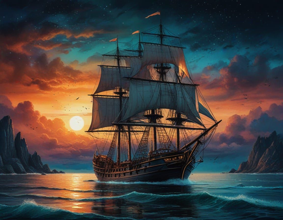 Schooner Sailing from Day into Night: Abstract Watercolor