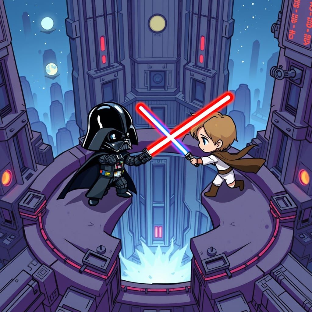 Chibi Darth Vader and Luke Skywalker Duel