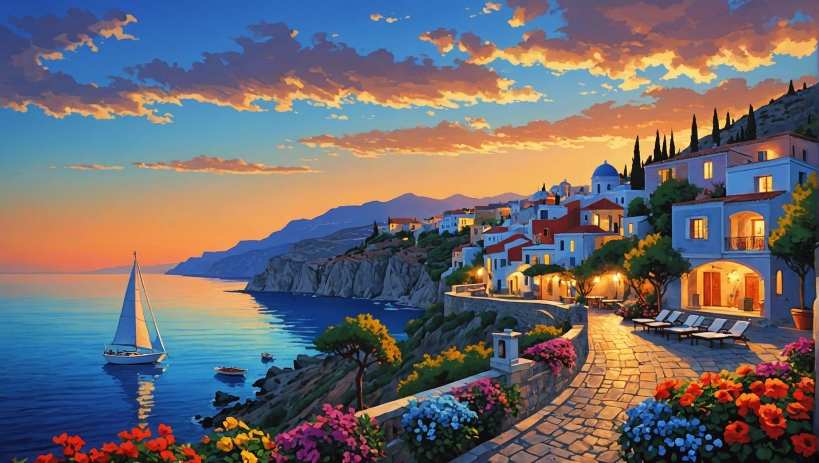 Vivid Greek Coastal Scene in Behrens Style