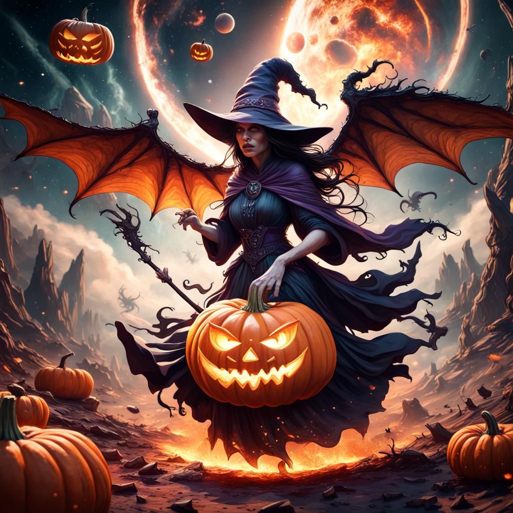 Demon Pumpkin Soaring Through Cosmos: Detailed Matte Paintin...