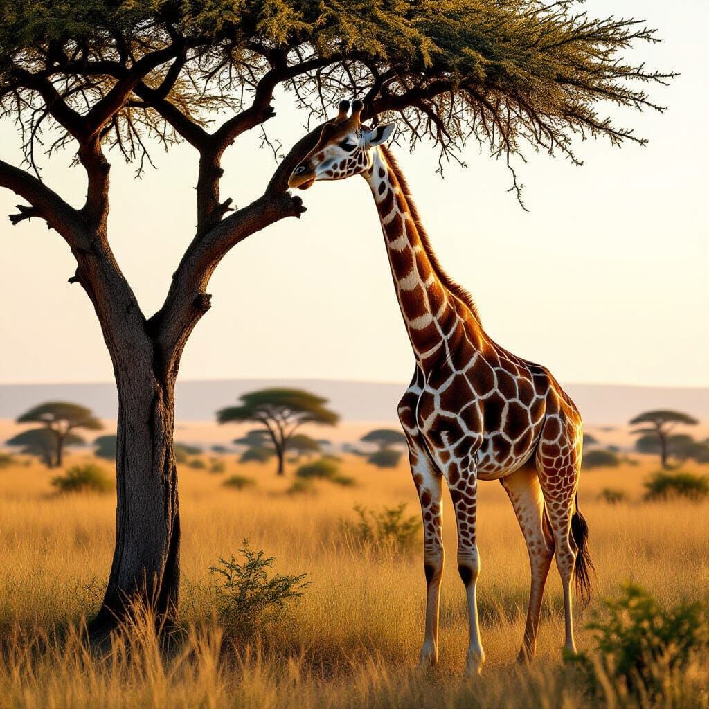 Solitary Giraffe Dines on Savanna at Golden Hour