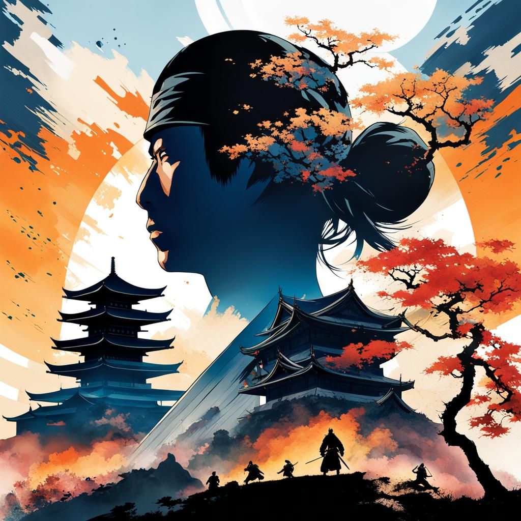 Samurai Ninja Double Exposure with Japanese Castle