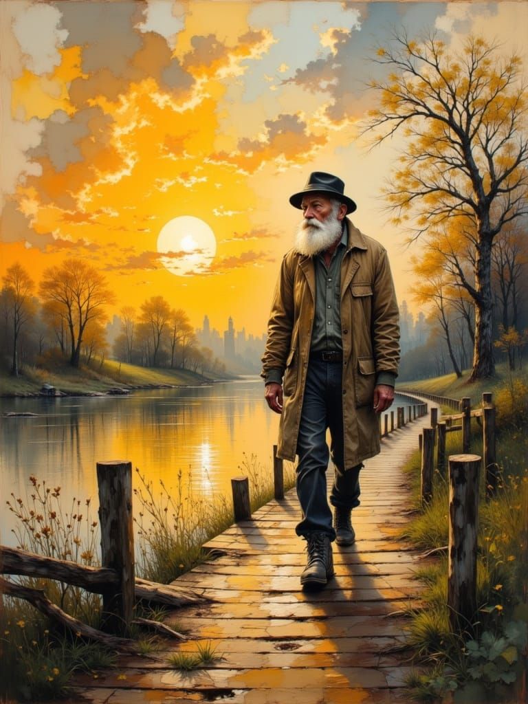 Old Man on Boardwalk: Impressionist Sunrise Painting