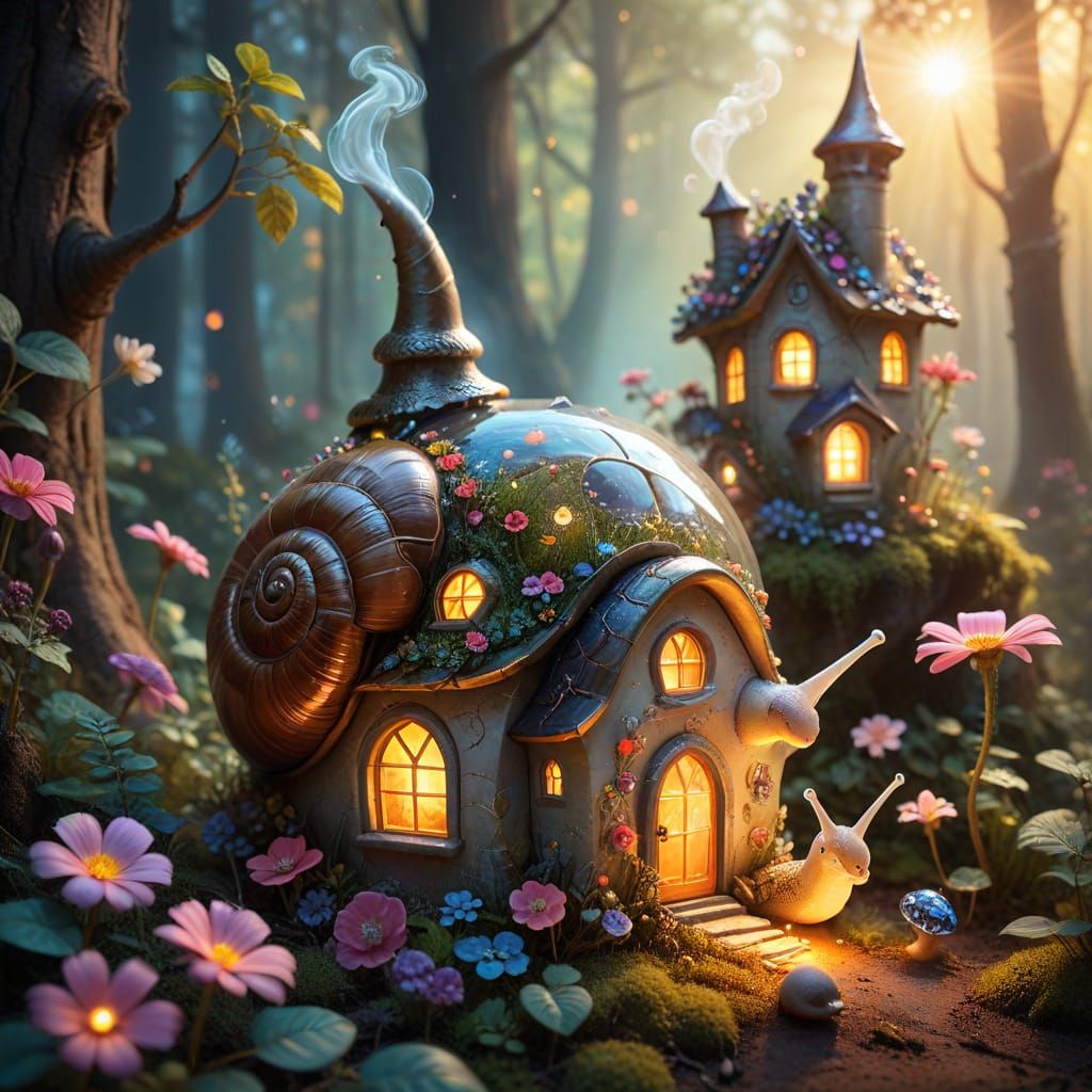 Whimsical Crystal Snail's Cozy Abode in Mystical Forest