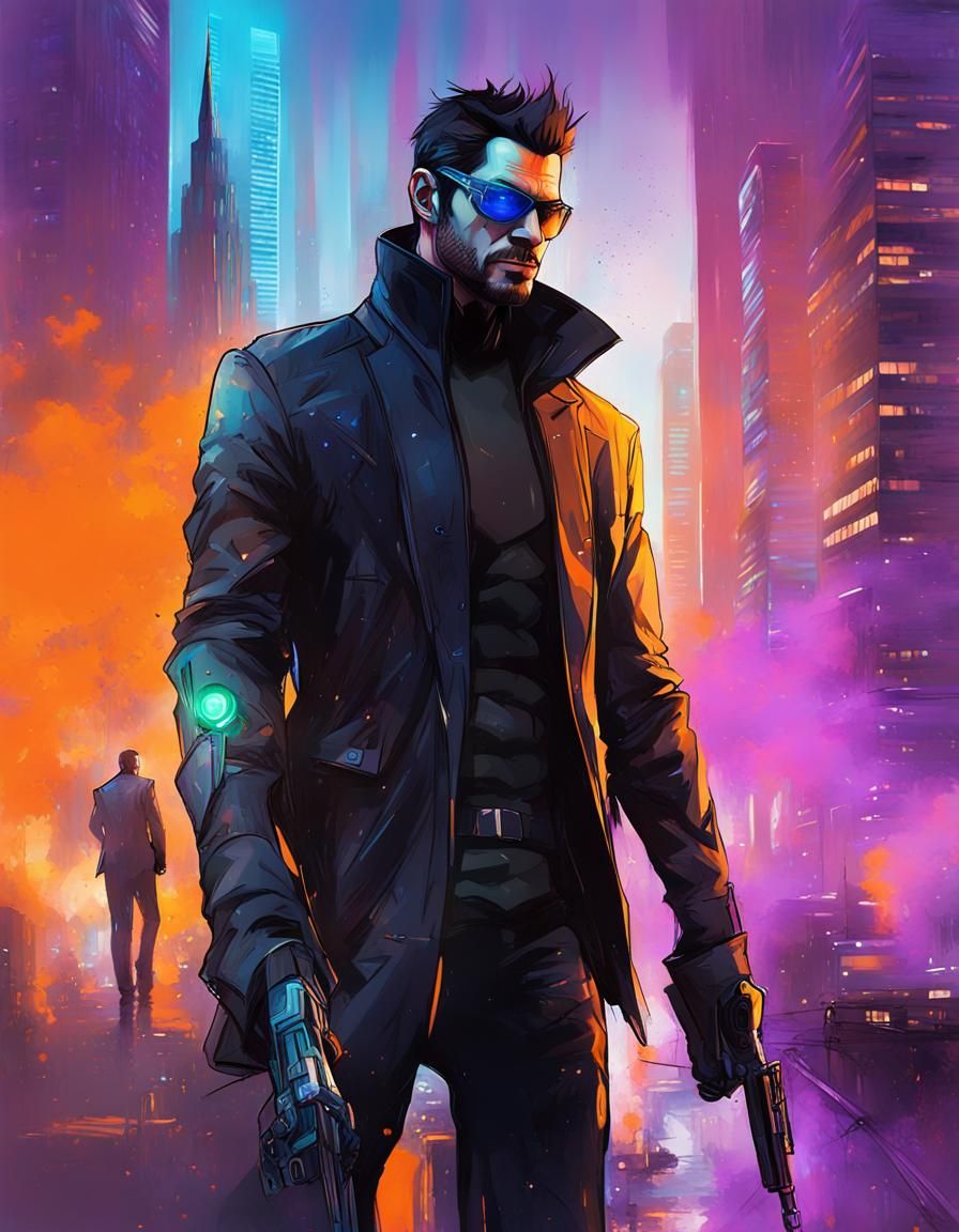 Adam Jensen in Futuristic London Cityscape