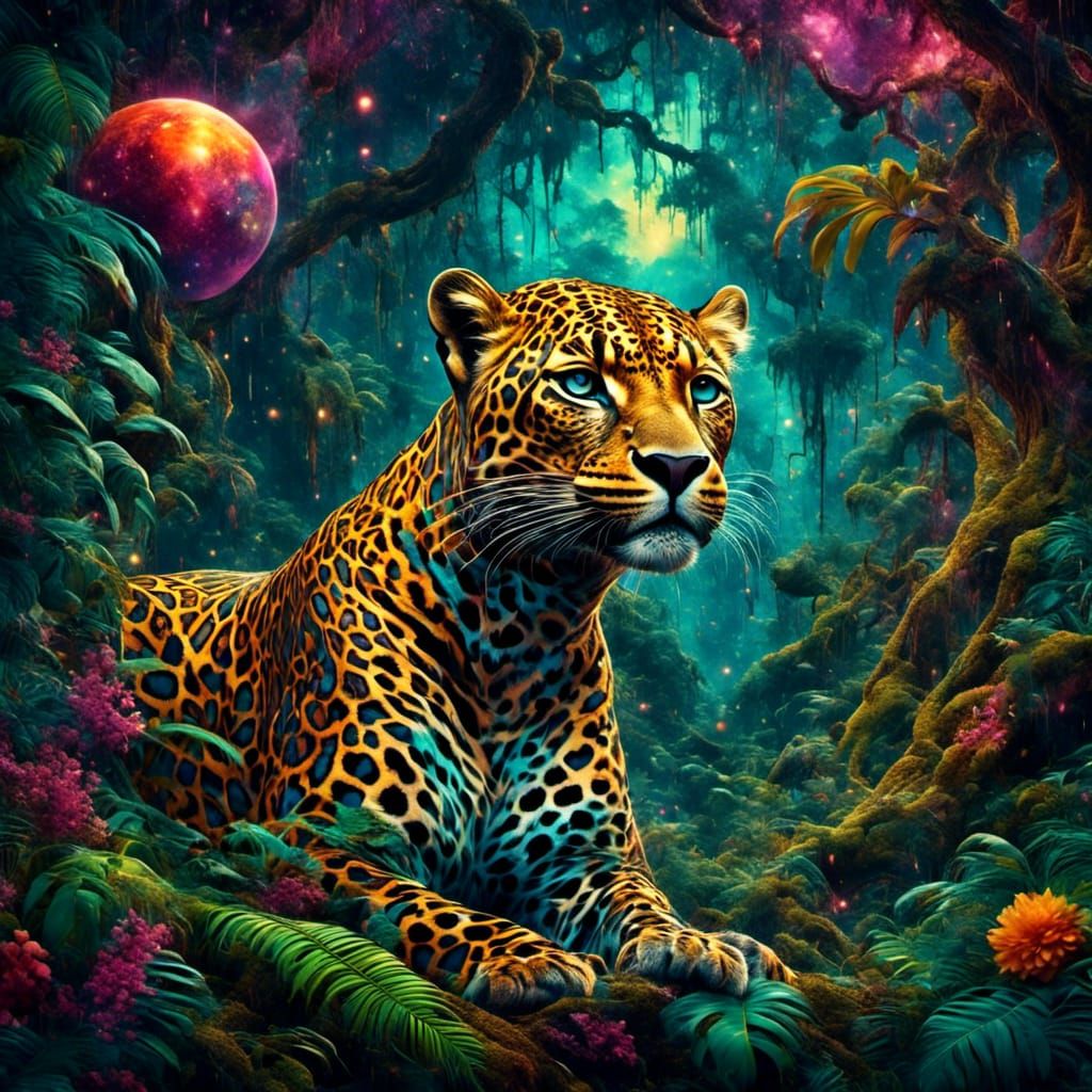 Psychedelic Leopard in Amazon Rainforest, 1970s Style