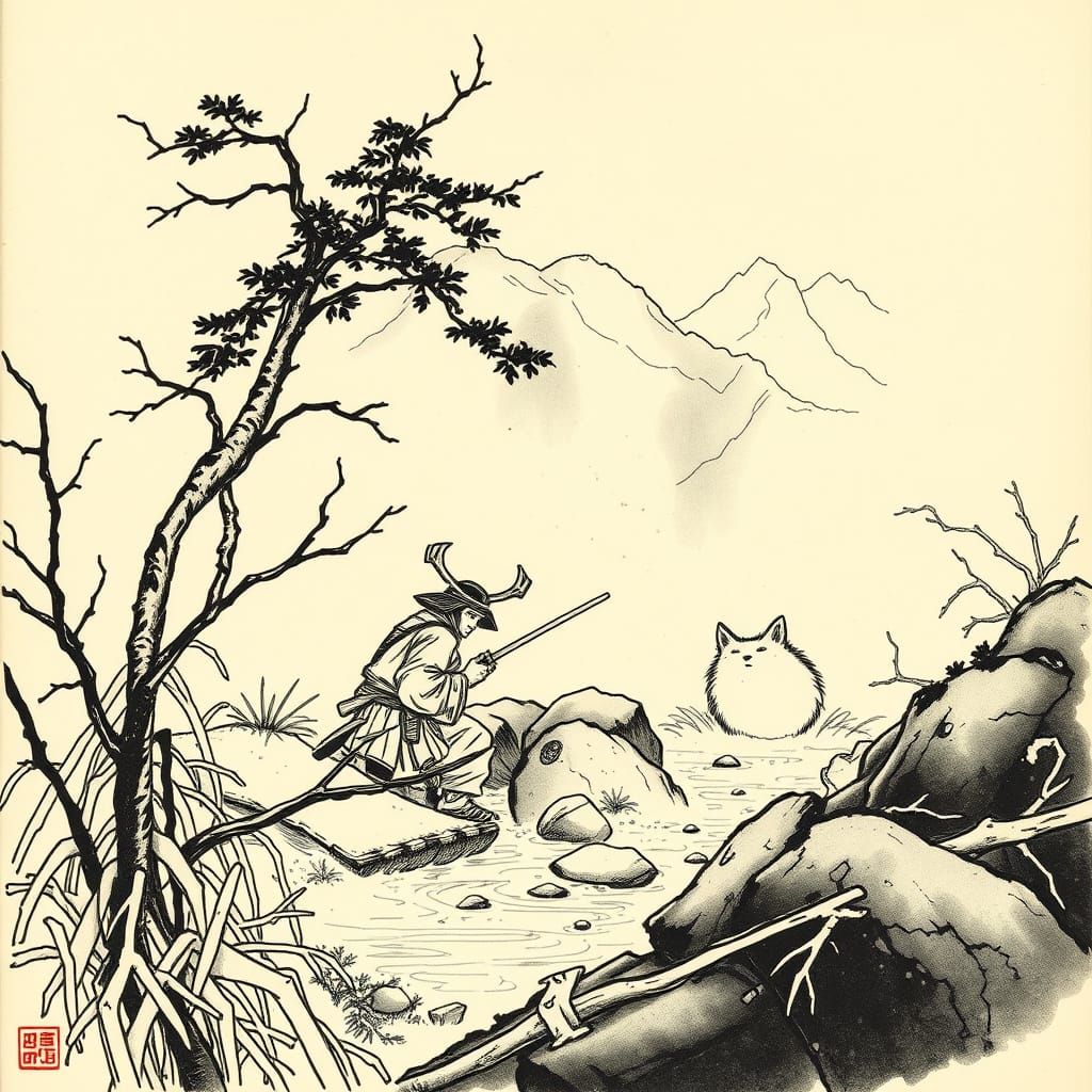 Samurai Spies Kitsune Bathing in Mountain Hot Springs