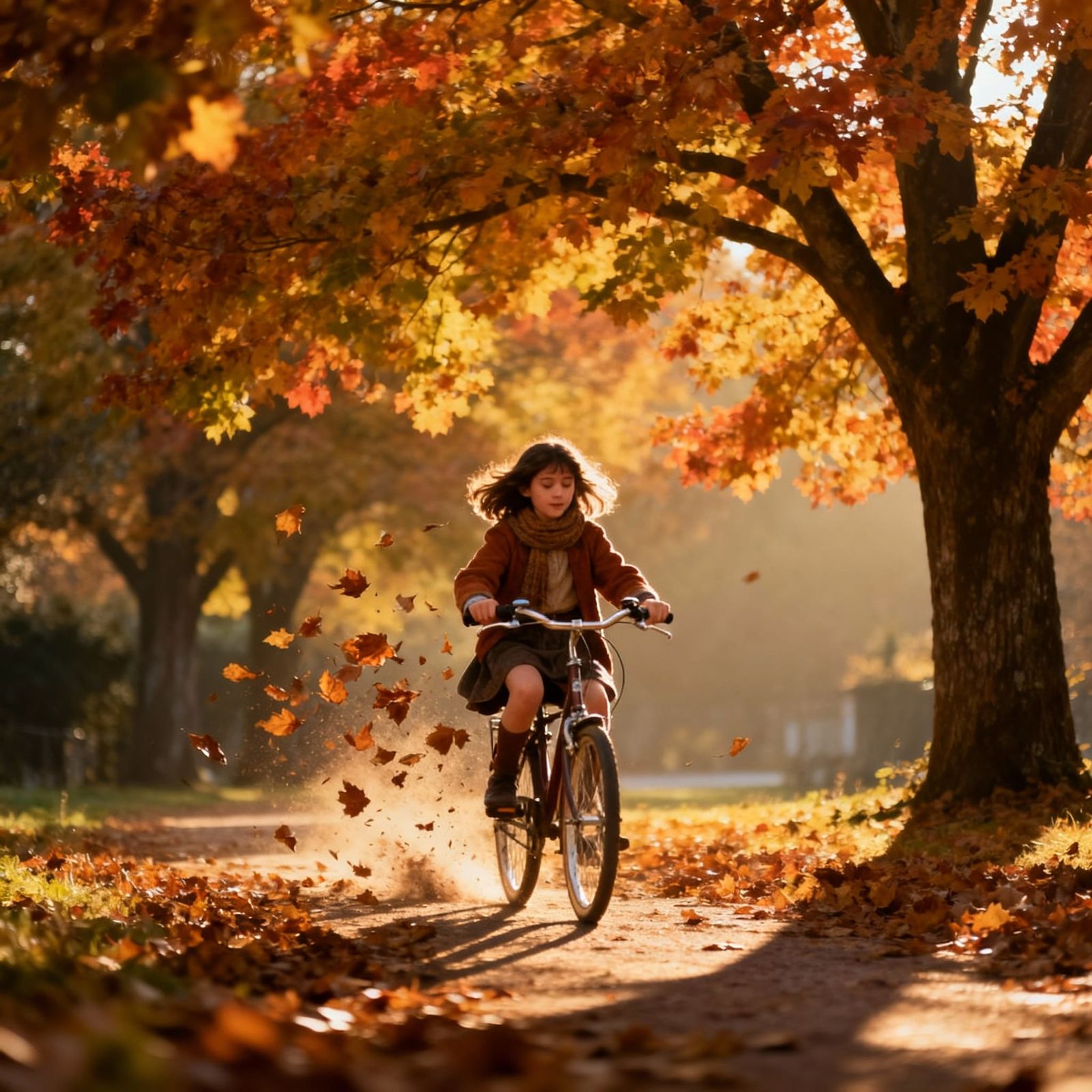Girl Cycling Through Autumn Leaves