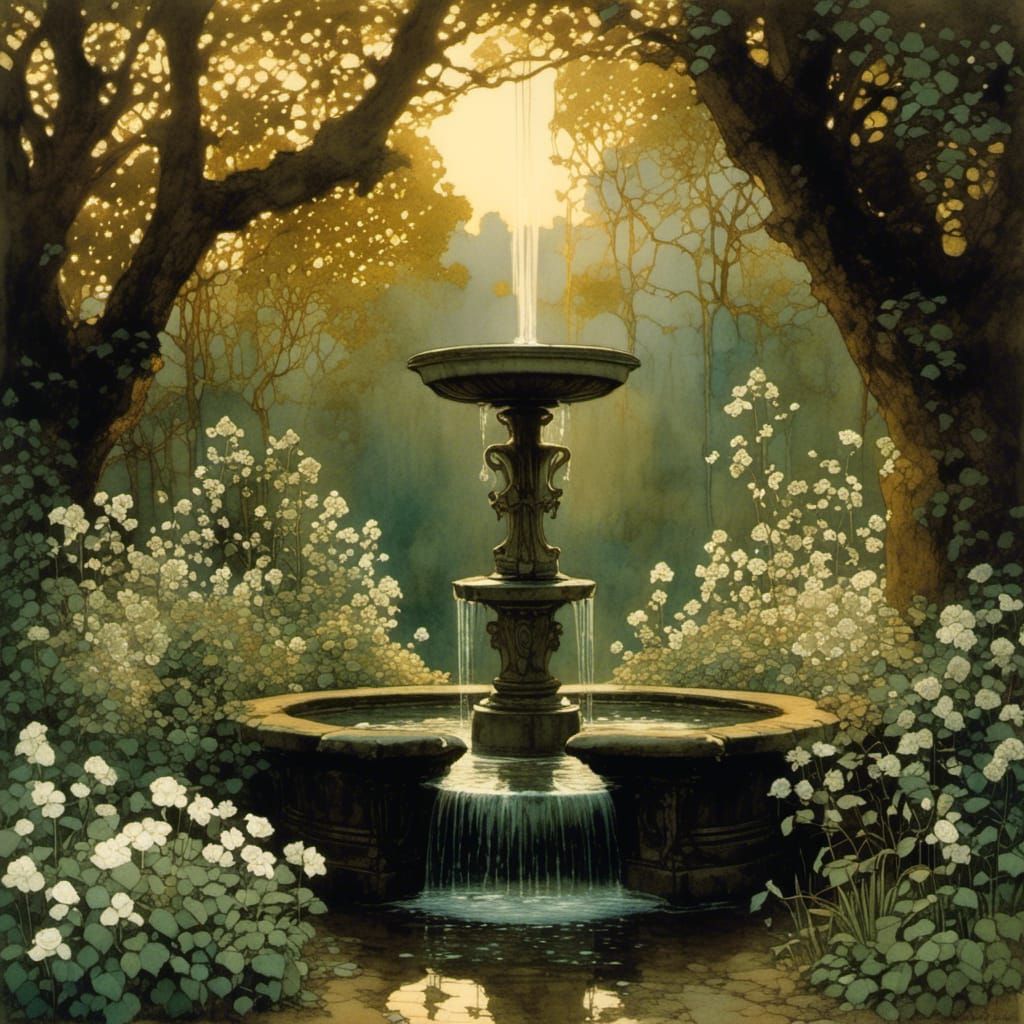 Forest Fountain with Climbing Flowers in Sunlight
