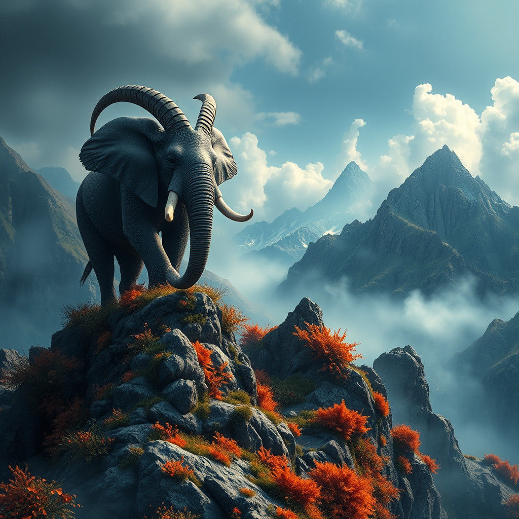 Elephant-Goat Chimera on Mystical Mountain Range